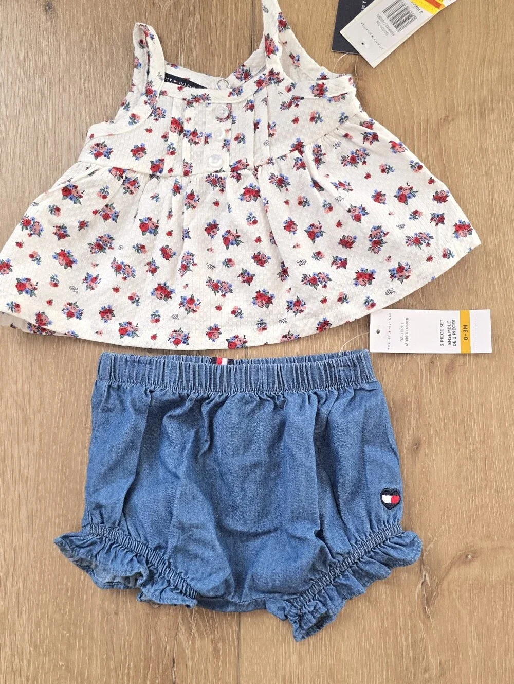 Tommy Hilfiger Baby Girl 2 Piece Floral Dress and Ruffle Jean Bloomers Set 0 3M